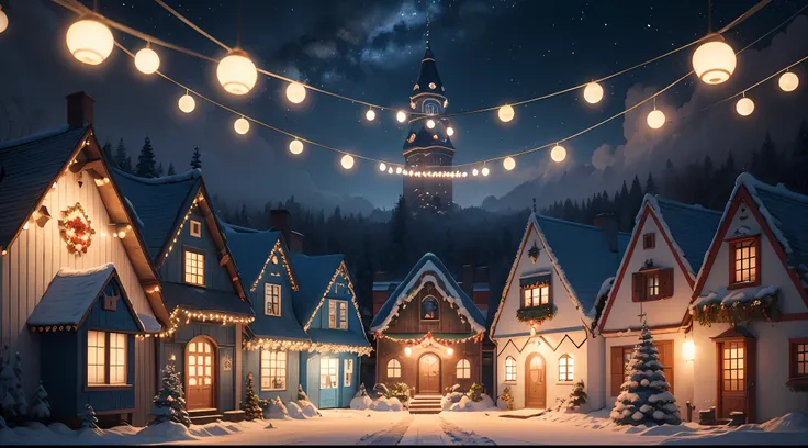 Christimas Santa Claus smiling happily smiling to heaven, olhando para frente, reindeer in the sky, Gingerbread candy village, c...