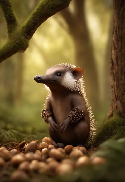 (CBZBB:1.25), ((gremlin-like echidna in a clearing under an oak tree, there are acorns lying around)),CBZBB,Cute, Small, baby, B...