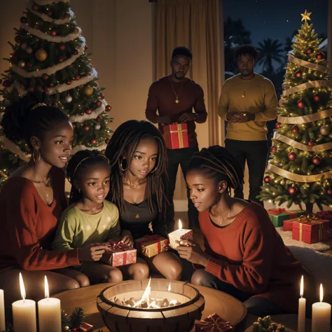 High quality, Ultra HD, 8K, create a masterpiece scene of black african family, dark skin, brown skin, enjoying christmas day in...