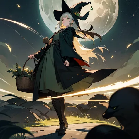 A witch around 25 years old holding a basket of medicinal herbs...　Black cloak　Dark brown long boots　Green eyes　 Pendants　Moon N...