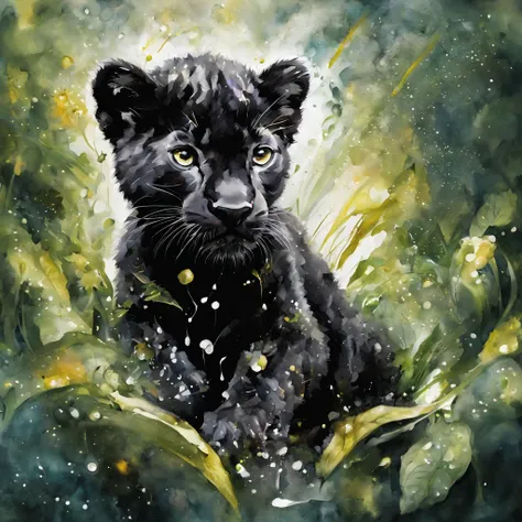 Beautiful black panther cub sits down, abstraction jungle backdrop, floral, fantasy, african style, beautiful, realistic, green,...