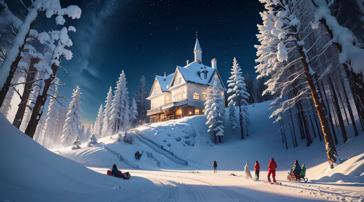 Pays des merveilles de l’hiver. Le plus grand parc d&#39;attractions hivernal, Maison dans les arbres.énormes flocons de neige e...