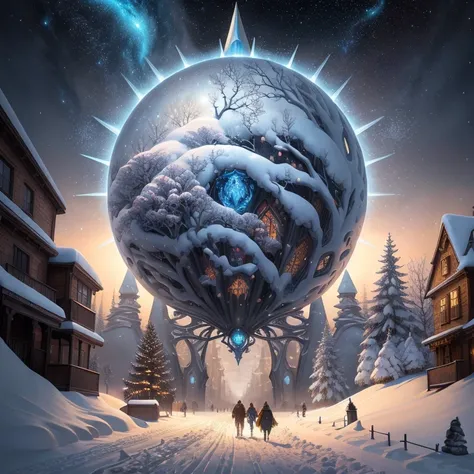 a painting of a snowy scene with a couple walking through the snow, kilian eng and thomas kinkade, winter scene fantasy, highly ...