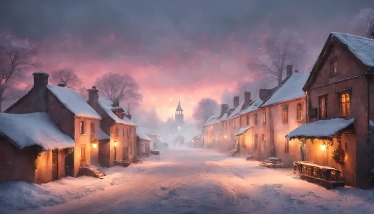Hyperrealistic christmas landscape photo of a village covered with snow in the ethereal mist,snow is falling, christmas tree:1.2...