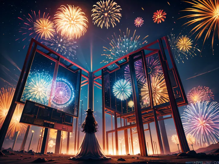 Imagine a whimsical wonderland where 3D fireworks trigger portals to alternate realities, each framed by swirling fractals that ...