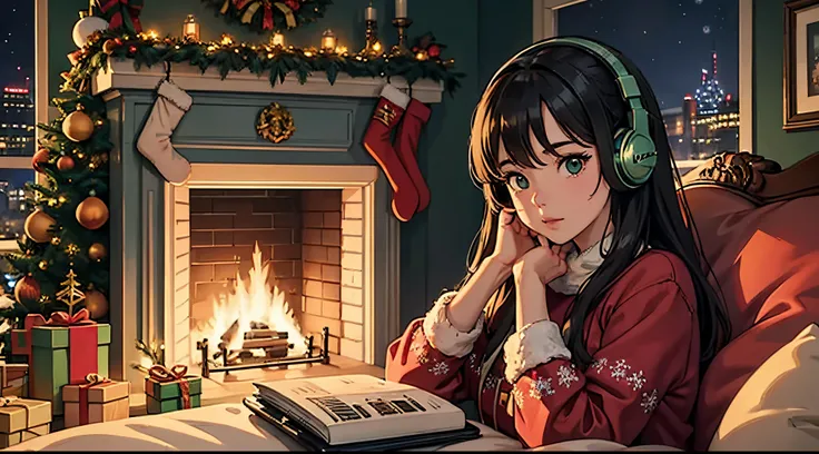 lofi brunette girl sitting on a couch with headphones on and a christmas tree in the background, trending on cgstation, cozy wal...