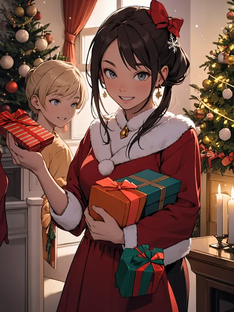 (best quality,4k,8k,highres,masterpiece:1.2),ultra-detailed,realistic,gifts,table,Christmas tree,decorations,wrapping ,bows,ribb...