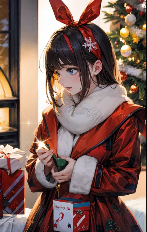 (best quality,4k,8k,highres,masterpiece:1.2),ultra-detailed,realistic,gifts,table,Christmas tree,decorations,wrapping ,bows,ribb...