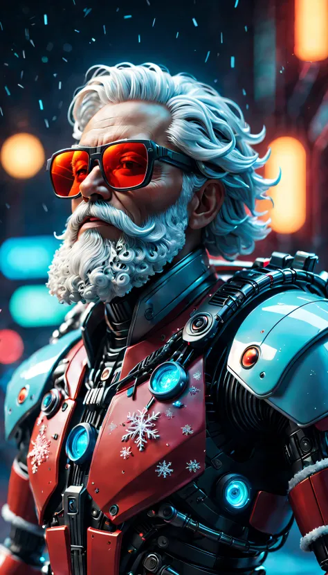 cybernetic santa claus, Robotic arm with intricate details, Futuristic exoskeleton suit, Glowing red sunglasses, Metal beard and...