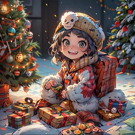 christmas，enviroment，A cute girl，wearing christmas clothes，Accept gifts，Anatomical correct，（high high quality），（A high resolutio...