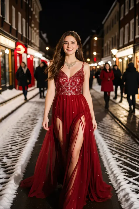 In a picturesque Christmas scene, a woman with long, flowing brown hair stands on a snowy street, adorned in an exquisite deep r...