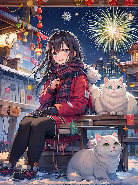 at winter season，1 cat wearing a scarf，1 girl wearing down jacket，standing behind a wall，with his back to the viewer，在夜空中看fire w...