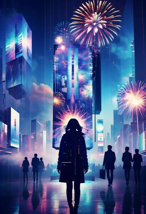Dubrec style,Cybernetics appear in the sky.The prospect of fireworks on new year’s Eve 2024,Gorgeous fireworks,(multiple exposur...