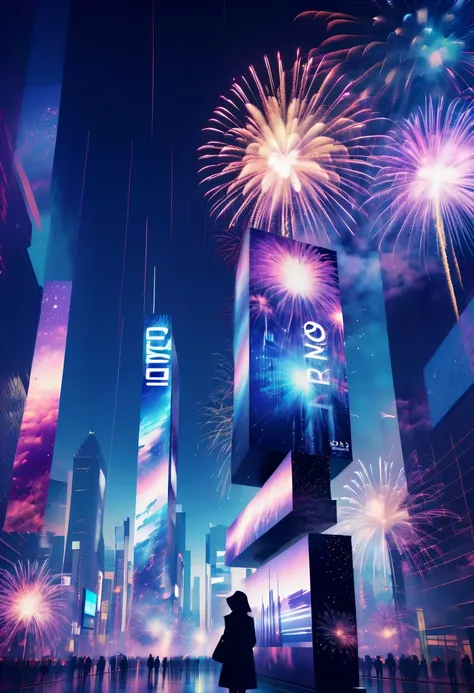 Dubrec style,Cybernetics appear in the sky.The prospect of fireworks on new year’s Eve 2024,Gorgeous fireworks,(multiple exposur...