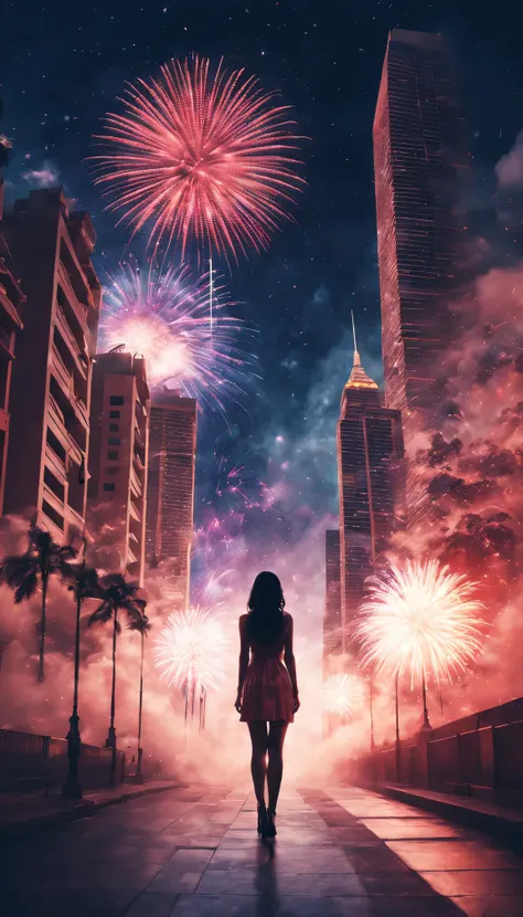 new year，Holiday poster，2024，Expansive night sky，(A grand fireworks display)，Girl silhouette texture clear，double exposure effec...