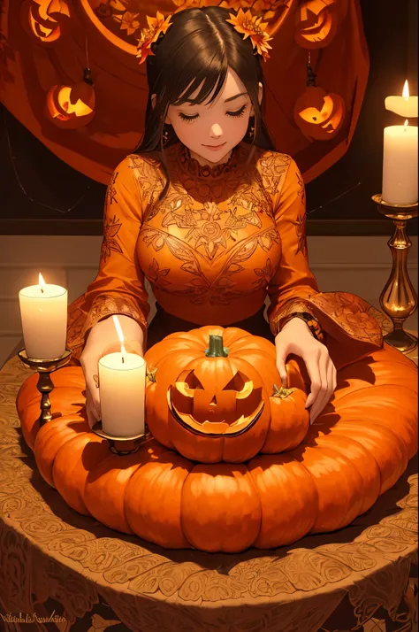(best quality,highres:1.2),brightly lit table covered with many pumpkins,pumpkins carved with intricate and creative designs,one...