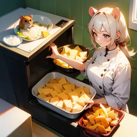 The cute lady hamster cooks a delicious dish in the kitchen
