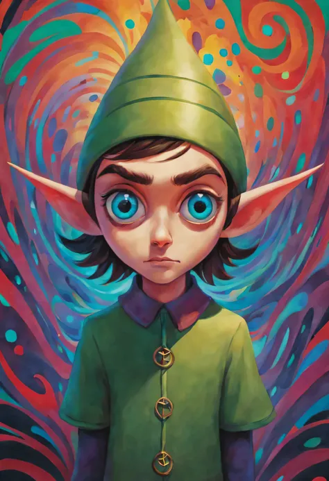 Pixar style, gloomy, negative, twisted, Strange, big eyed elf, portrait，Psychedelic painting in front of colorful swirls