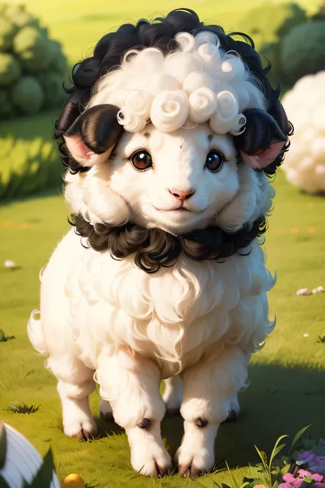 (a ball-shaped sheep,little ears and a curly,wavy fur,playful expression),(photorealistic,highres,sharp focus),(cute,adorable:1....