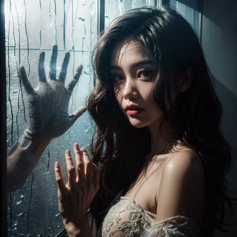 Create photo of a beautiful Indonesian woman, inside the room, from outside, windows glass, fog, hand print, raindrops, midnight...