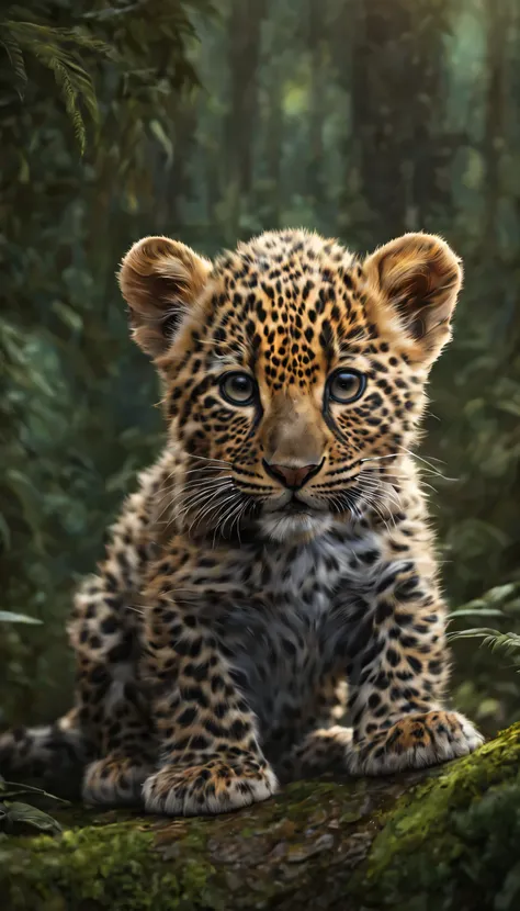 Filhote de leopardo fofo na floresta, By Jonathan & Angie Scott, Andy Biggs e Melissa Groo. trends on artstation, 8k, obra de ar...