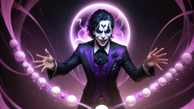 a card, joker, x-ray, psychedelic art, dark background, holding a purple ball hands