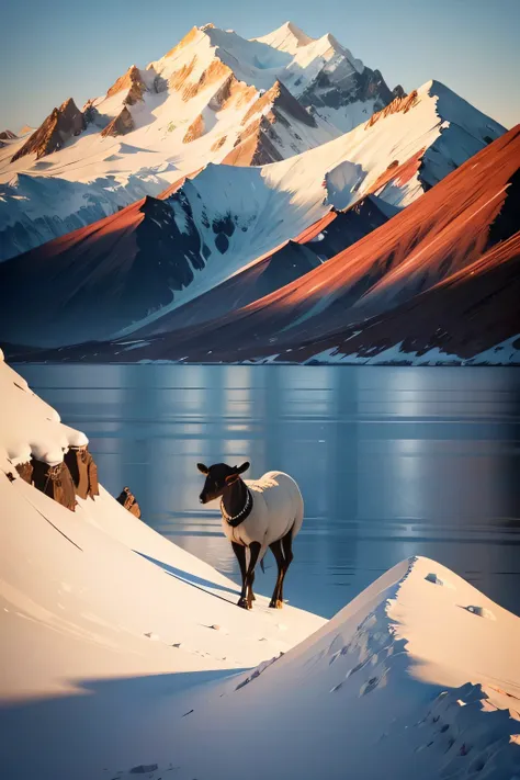 vector-style illustration of Mount Denali, dali sheep with horns, white show peak on mountain, daylight, 8k realistic, lake sett...