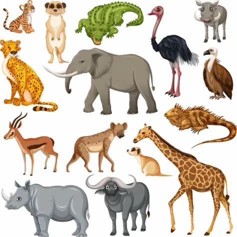 a close up of a group of animals on a white background, many wild animals, various animals, detailed beautiful animals, illustra...