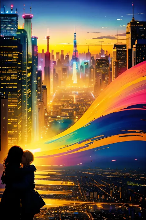 the city that never sleeps、Watercolor Touch、Bleeding、(a woman:1.2) , luminous design, pastel colours, ink drips, spring lights,A...