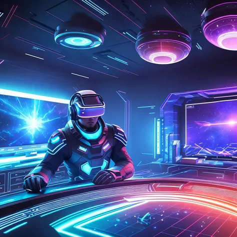 In the image "GamerGalaxy," our gaze is drawn to an enthralling scene that embodies a futuristic video game cosmos. At the foref...