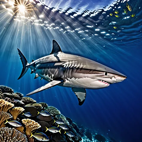 "a shark chasing a big fat tuna,perfect symmetry,underwater world,shimmering water,floating bubbles,rays of sunlight,depth and d...