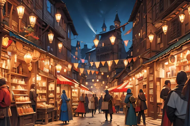 A bustling medieval market scene with colorful stalls and lively traders, inspired by the Renaissance period, detailed tapestrie...