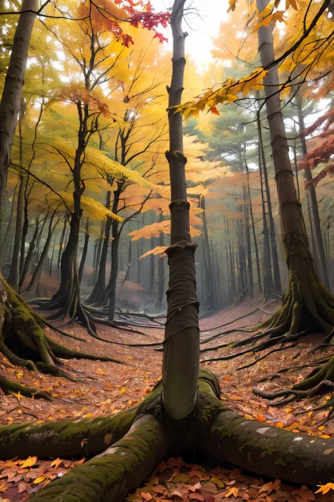 ((highest quality)), ((masterpiece)), (be familiar with), Inside the fantastic sea of trees、(Scenery in a dark forest with autum...