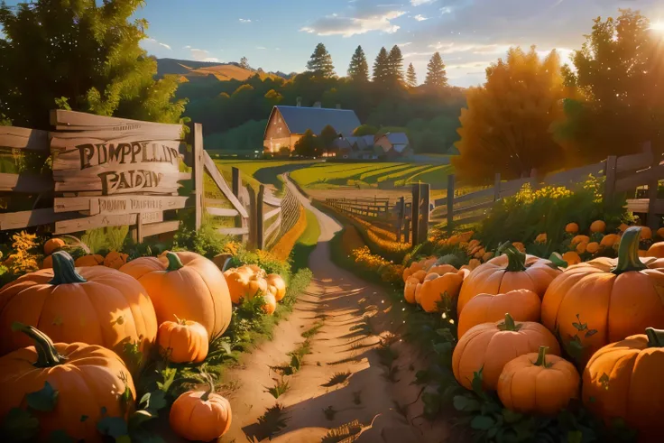 pumpkins arranged in field, pumpkin farm sign, pumpkin farm background, pumpkin patch, unreal engine, inspired by Terry Redlin, ...