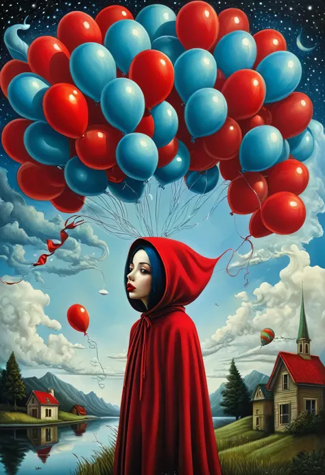 Girl making balloons with gum、wearing red hood、, benjamin lacombe, magical surrealism, Unrealistic picture, Whimsical Surrealism...