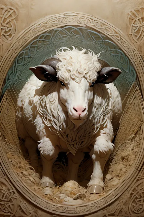 White, Fluffy, poofy, soft, grazing sheep with celtic symbols on the wool, Gaelic, Irish, Soft, ancient Gaelic art style, runic,...