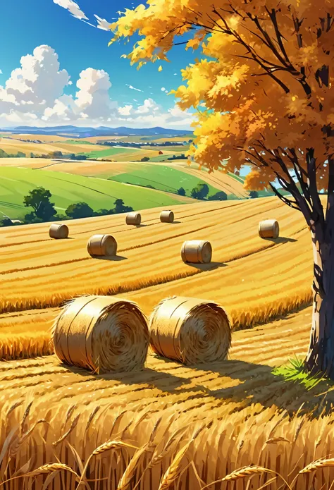 画中On a farm，Hay bales in the field，On a sunny day, on the vast wheat fields, On a farm, Cool autumn weather，in field high resolu...