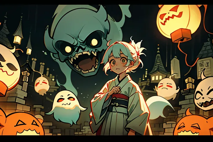 There are lots of cute monsters、A ghost of a cute cat wearing a white kimono、Human spirit、Lantern monster、Boneyard、Japan、dark、sc...