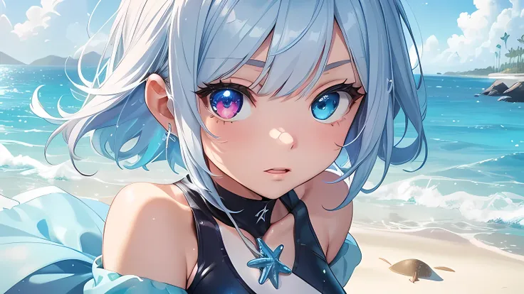 Best quality、Photorealistic、Ultra-detailed、delicate、Orderly、High Detail、Bluish Silver Short Bob、(Drooping heterochromia iris,glo...