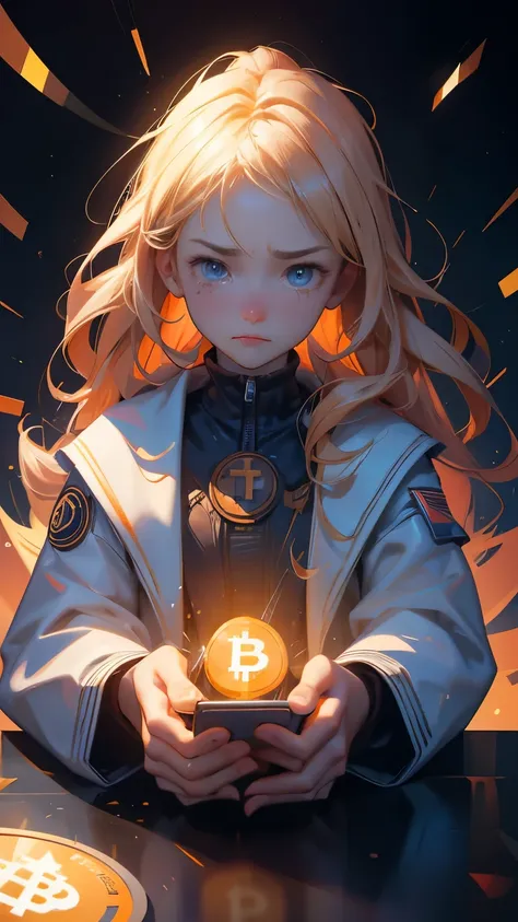 a close up of a girl in a suit sitting at a table with shocked face, with stack of bitcoins, crying face, facing a big loss, Sho...