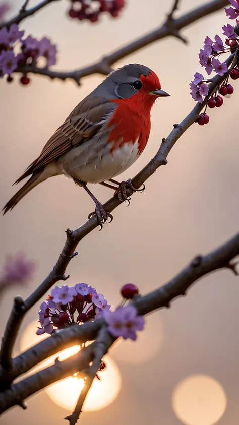 A Robin bird sitting on a branch perching on a red cherry, bokeh background , early morning hours misty hue in atmosphere and ra...