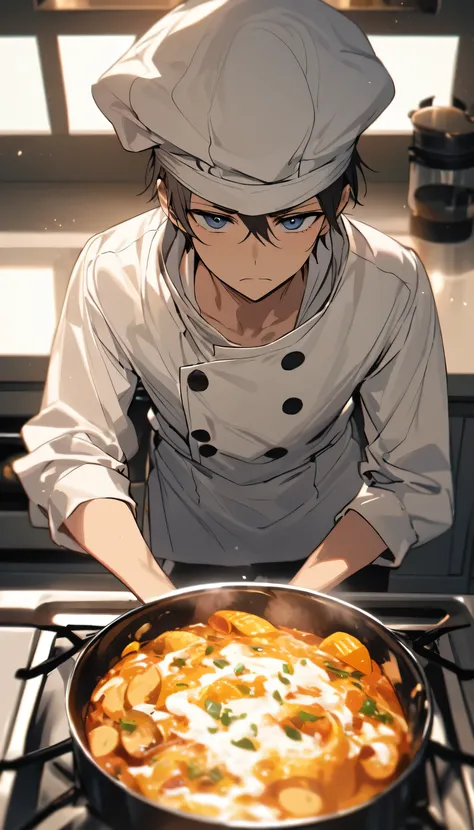 a young guy in white chef clothes and cap cooking on stove looking at me sad