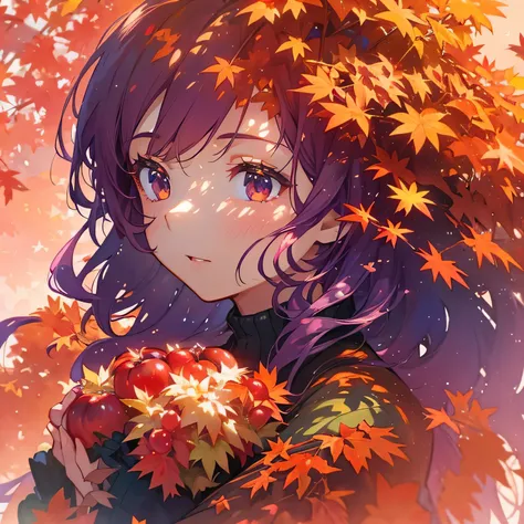 A young girl in autumn, surrounded by vibrant red maple leaves, holding a ripe apple and a bunch of purple grapes, soft lighting...