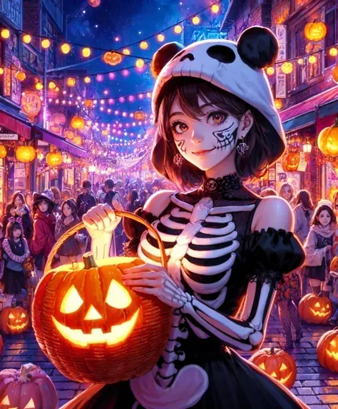 1lady standing, (holding basket with jack-o-lantern), (skeleton costume) (panda hood) (face painting), (mature female:0.7), /(da...