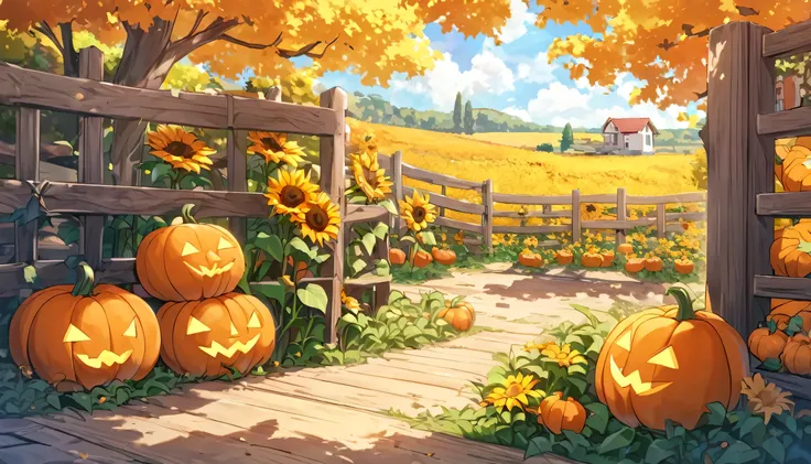 Autumn view of some fallen and cozy flowers in a pumpkin patch on a sunny afternoon. In one corner, a cheerful little pumpkin na...