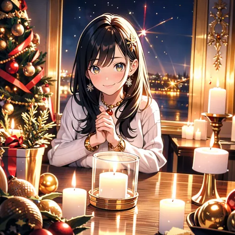 ( best quality,4K,8k, high definition ,masterpiece:1.2), 1 girl,  super detailed,Realistic, table,  Christmas tree ,Decoration, ...