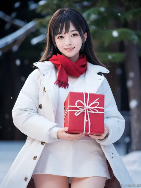 (Close-up face shot of one slender small breasts two side up black medium hair with bangs girl in a winter white long coat and r...