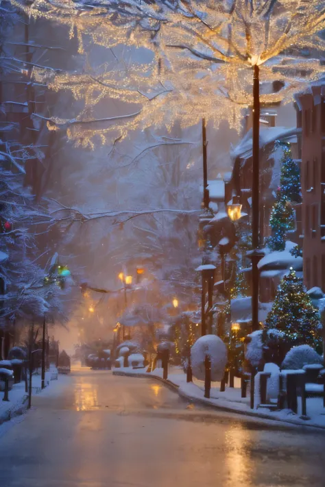 a beautiful christmas tree, a stunning night cityscape, glowing lights, snow covered landscape, winter wonderland, warm atmosphe...
