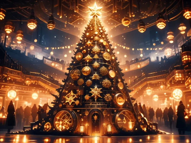 A towering steampunk Christmas tree, intricately crafted from brass gears and cogs, adorned with warm, glowing lightbulbs. Set a...