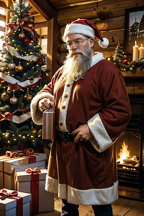 Inside a log house with a fireplace 、 a huge Christmas tree in the living room、   Christmas Night、 ((  Santa Claus is walking ca...